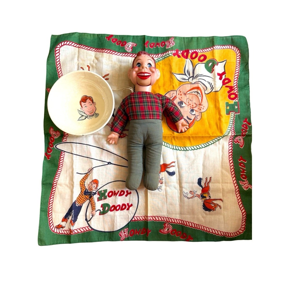 Vintage‎ Howdy Doody Lot Goldberger 12" Doll, Bob Smith Bandana, Character Bowl